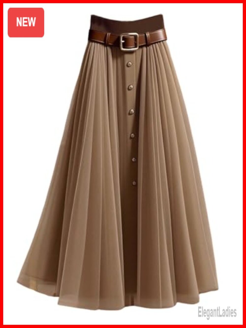 Pleated Mesh Tulle A-Line Maxi Skirt High Waist Button Front Flowy